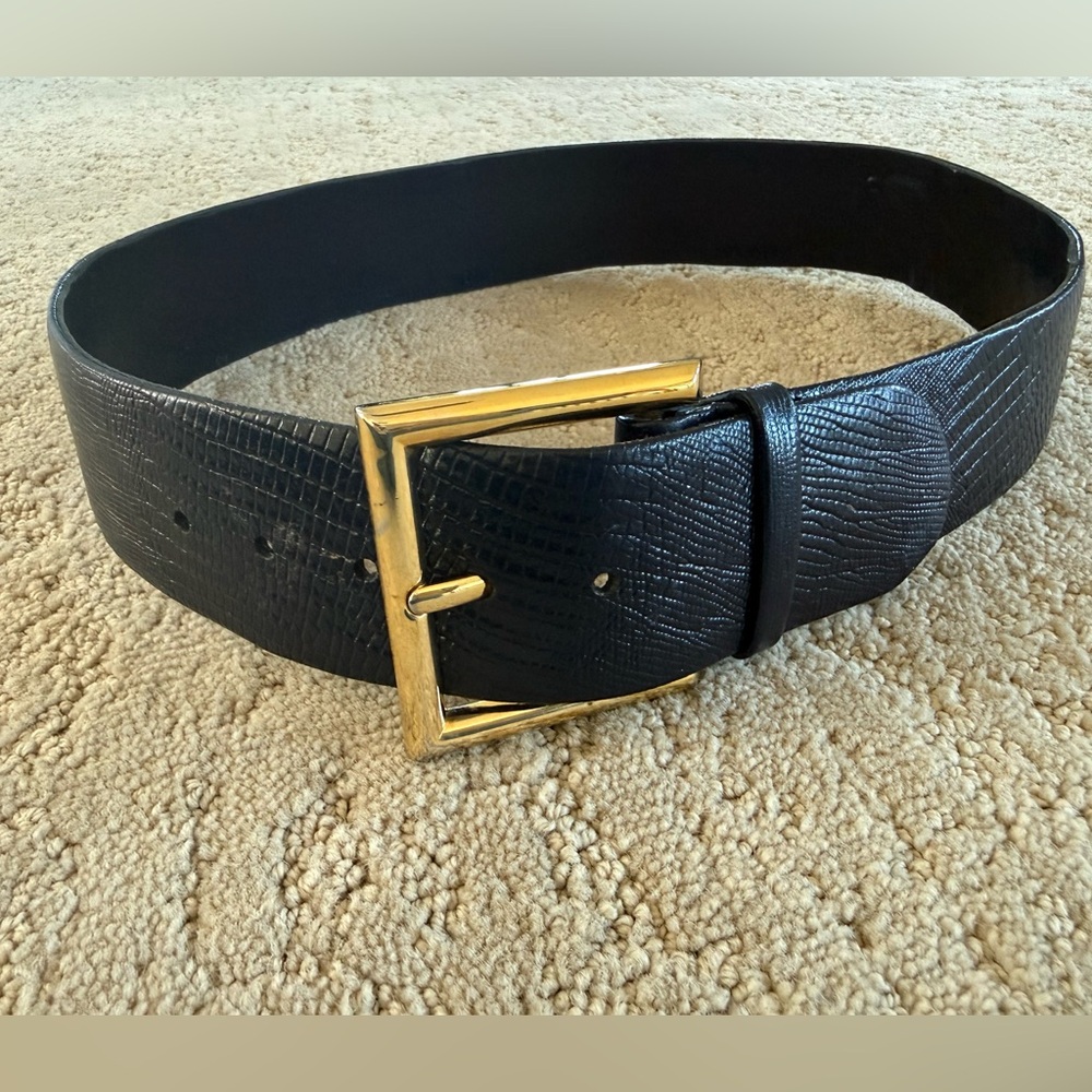 Vintage Lizard Leather Belt Black Gold Buckle Curved Waist Ralph Lauren Style - Picture 11 of 11